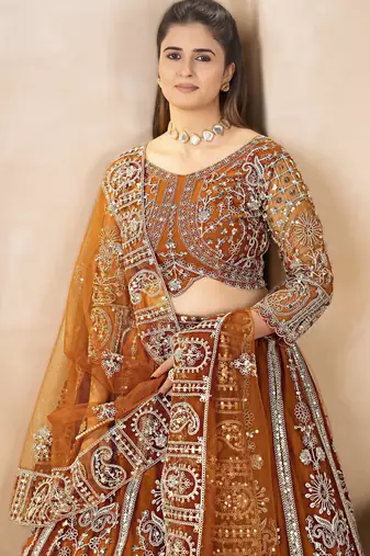 brown embroidered lehenga choli ethnic set