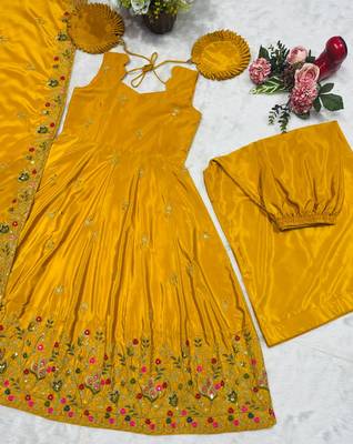 Yellow silk embroidered Anarkali suit 5