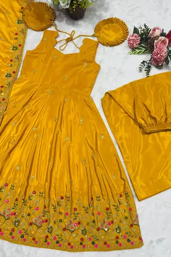 Yellow silk embroidered Anarkali suit