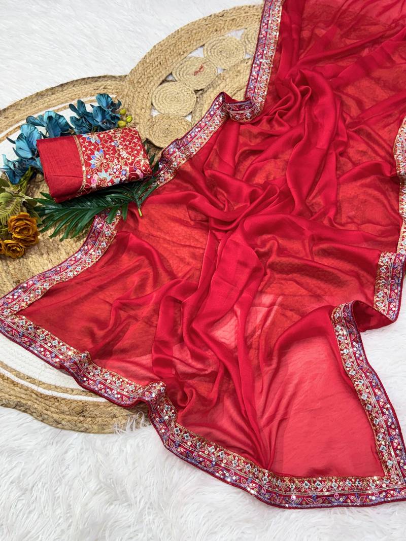 red premium rangoli silk saree with blouse