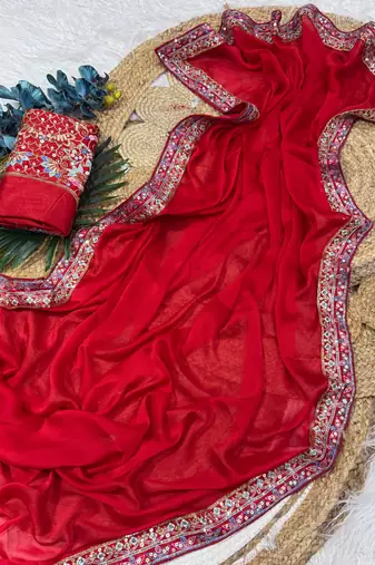 red premium rangoli silk saree with blouse