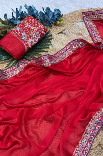 red premium rangoli silk saree with blouse