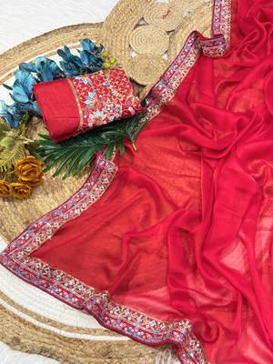 red premium rangoli silk saree with blouse 4