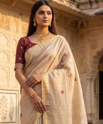 beige south indian saree cotton with blouse 1