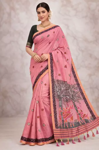 pink designer soft cotton saree with blouse