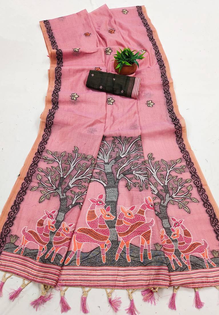 pink designer soft cotton saree with blouse