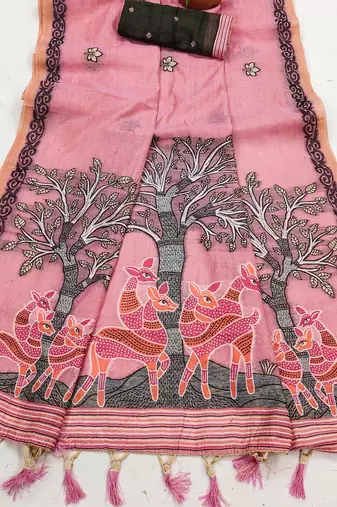 pink designer soft cotton saree with blouse