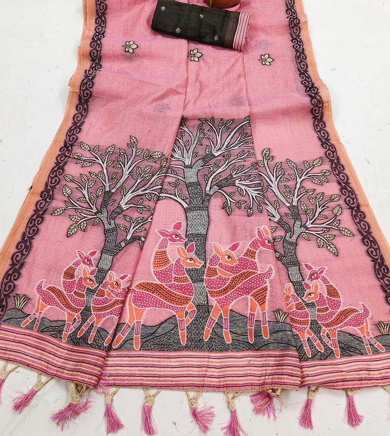 pink designer soft cotton saree with blouse