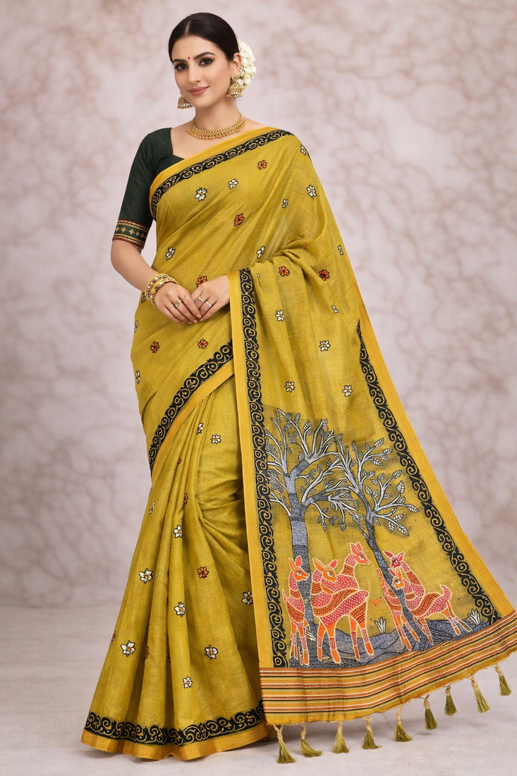 olive designer soft cotton saree with blouse