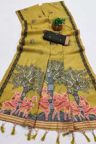 olive designer soft cotton saree with blouse