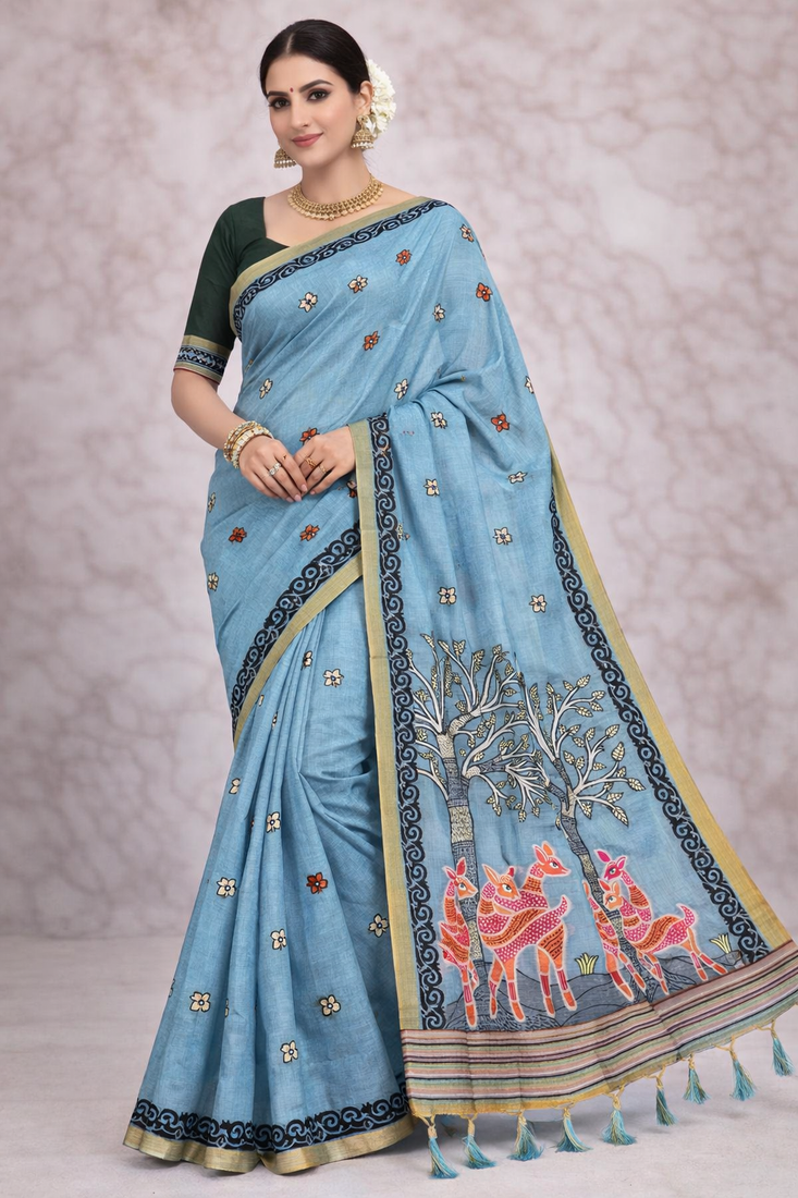 blue designer soft cotton sarees with tassels