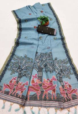 blue designer soft cotton sarees with tassels 2