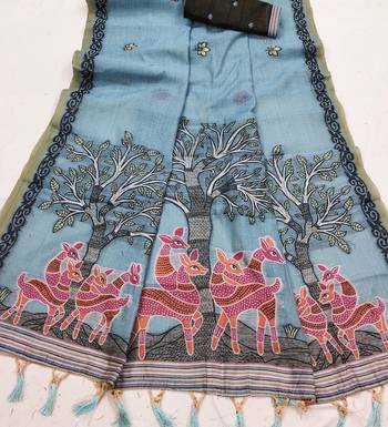 blue designer soft cotton sarees with tassels 3