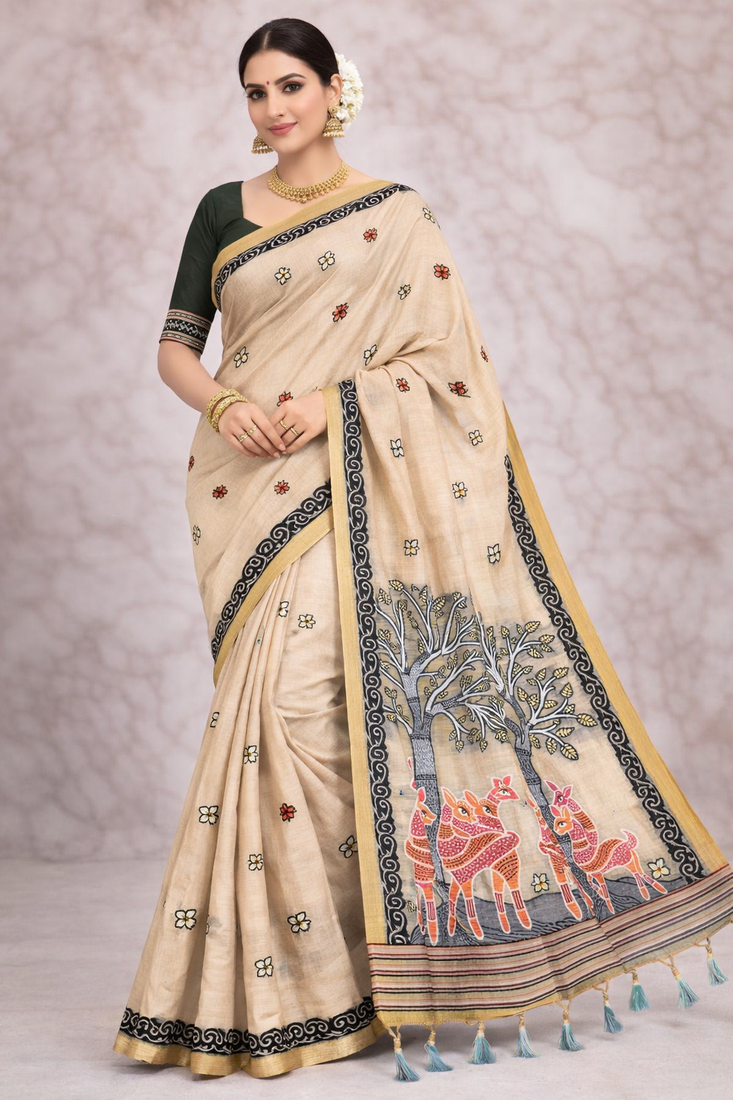 beige designer soft cotton sarees with tassels