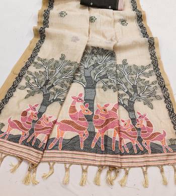 beige designer soft cotton sarees with tassels 3