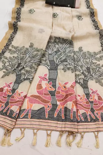 beige designer soft cotton sarees with tassels