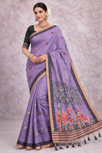 lavender muga cotton saree with meenakari work