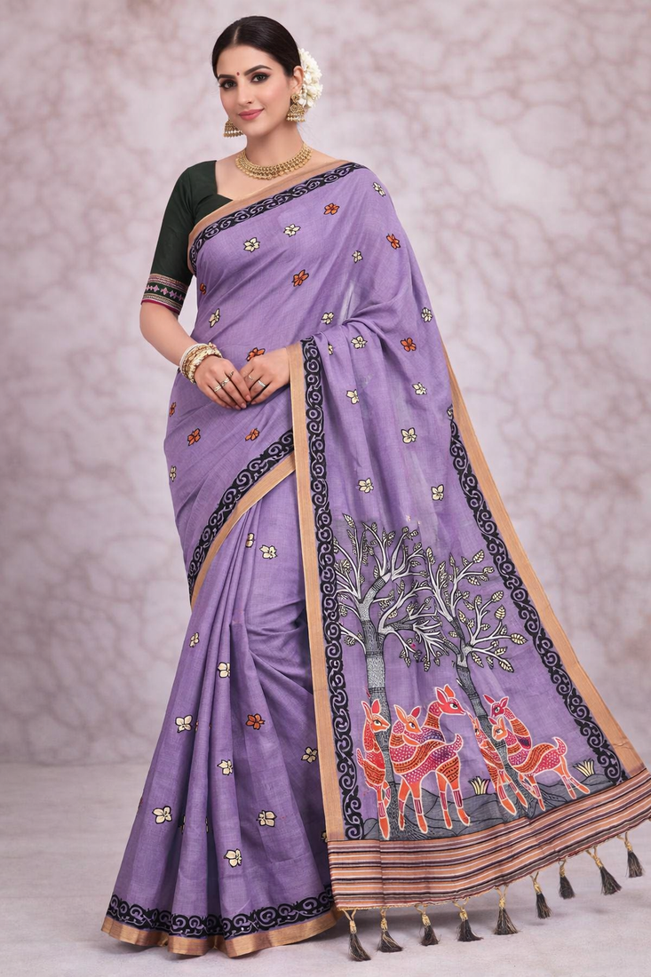 lavender muga cotton saree with meenakari work