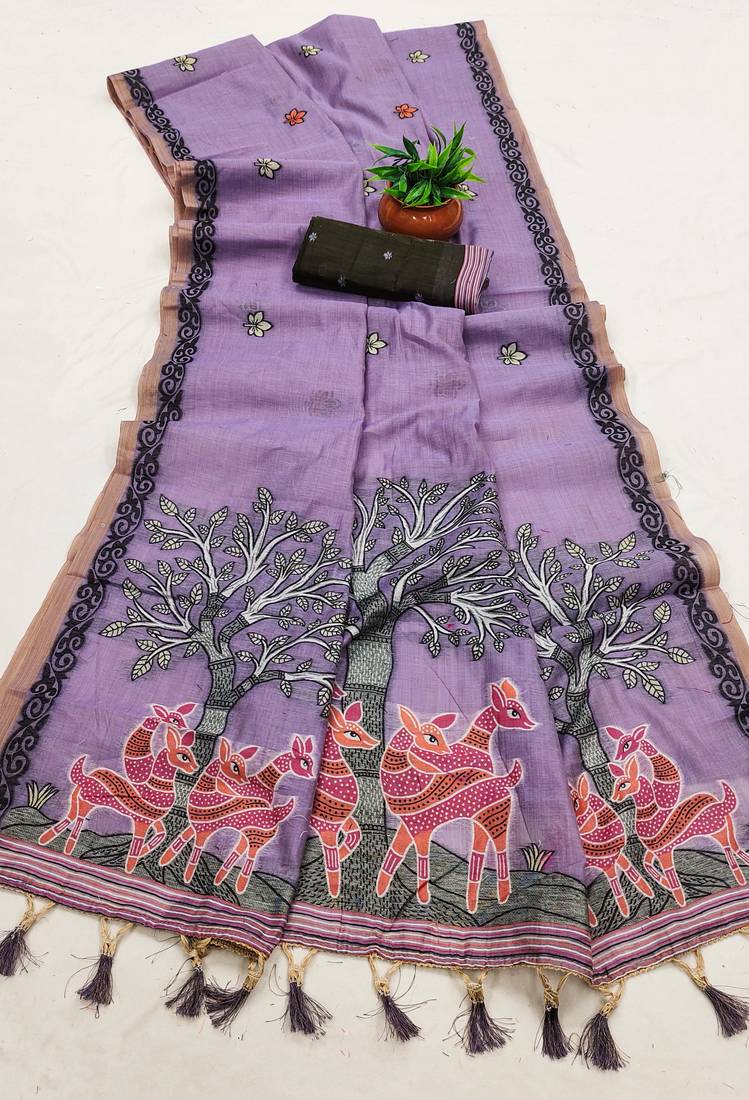 lavender muga cotton saree with meenakari work