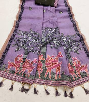 lavender muga cotton saree with meenakari work 3