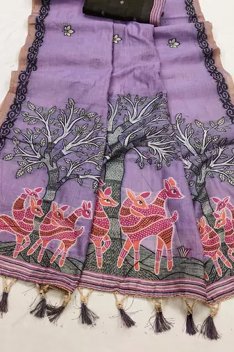 lavender muga cotton saree with meenakari work
