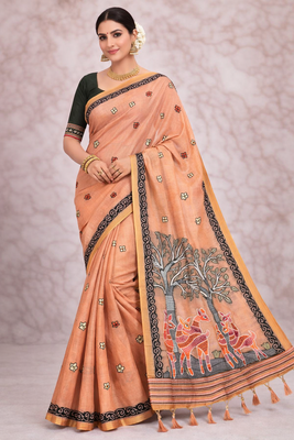 peach muga cotton saree with meenakari weaving 1