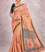 peach muga cotton saree with meenakari weaving