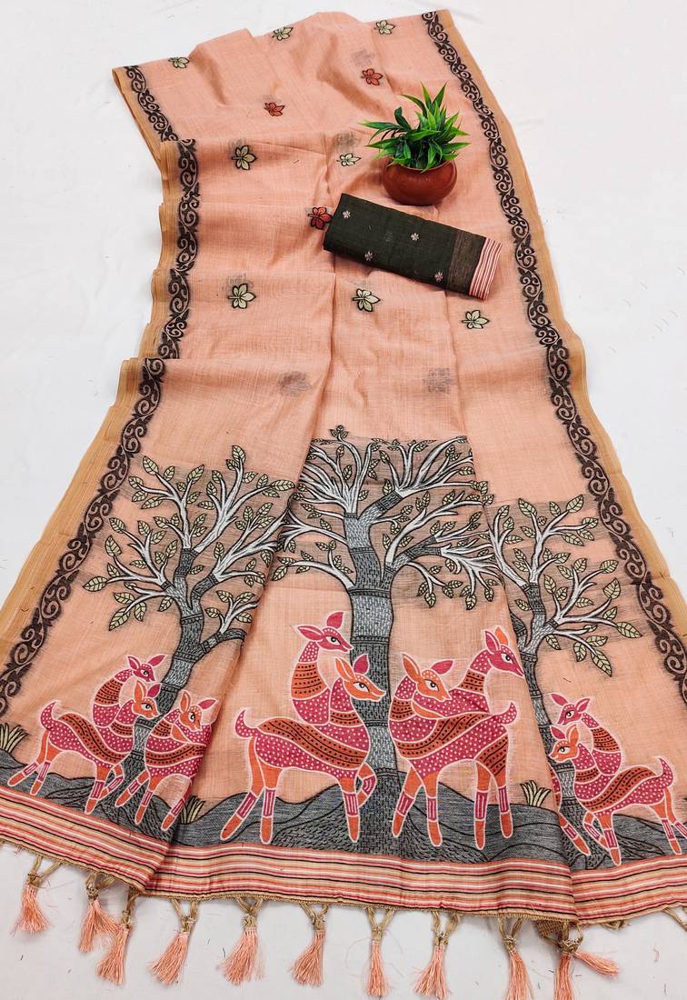 peach muga cotton saree with meenakari weaving