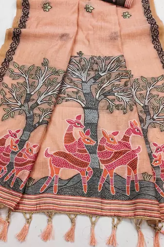 peach muga cotton saree with meenakari weaving