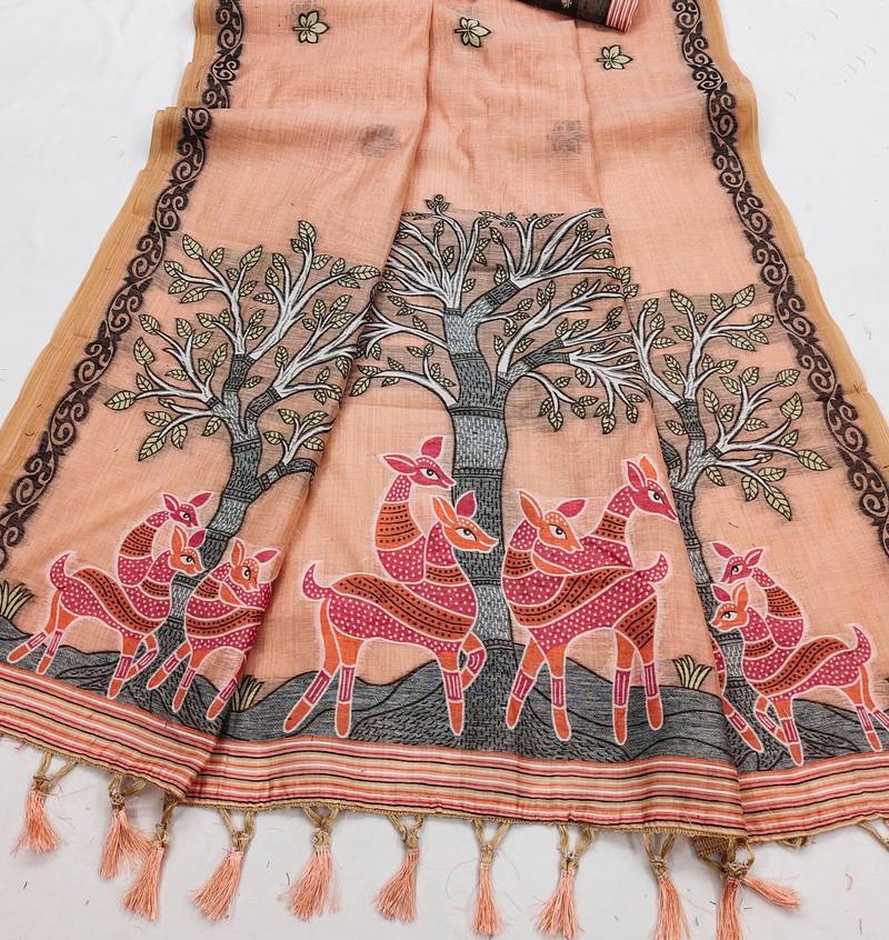 peach muga cotton saree with meenakari weaving