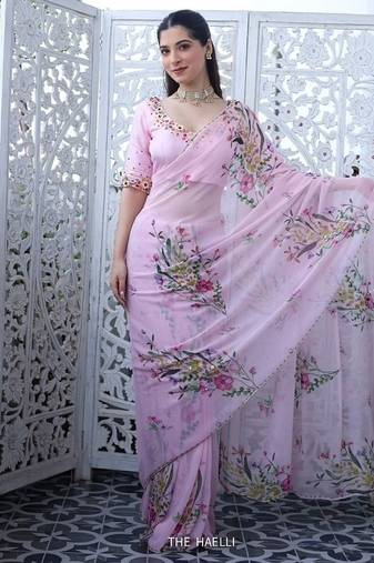 pink silk printed saree with beadwork