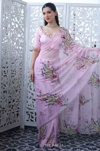pink silk printed saree with beadwork