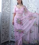 pink silk printed saree with beadwork