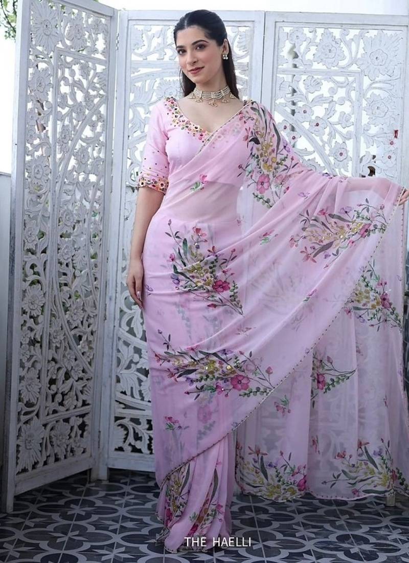 pink silk printed saree with beadwork