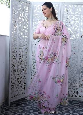 pink silk printed saree with beadwork 2