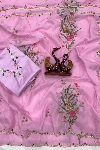 pink silk printed saree with beadwork