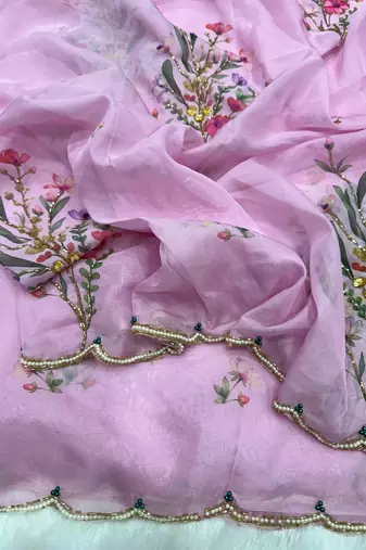 pink silk printed saree with beadwork