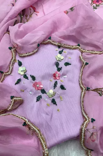 pink silk printed saree with beadwork