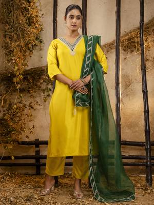 yellow silk blend kurta set with green dupatta 1