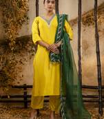 yellow silk blend kurta set with green dupatta