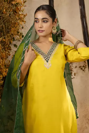 yellow silk blend kurta set with green dupatta