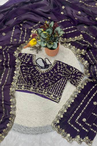 purple satin silk saree with embroidered blouse