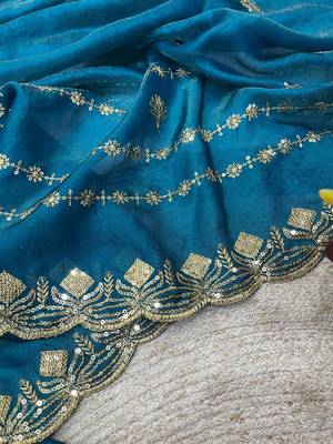 teal satin silk saree with embroidered blouse 3