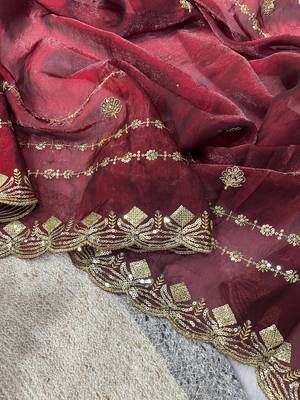 wine satin silk saree with embroidered blouse 3