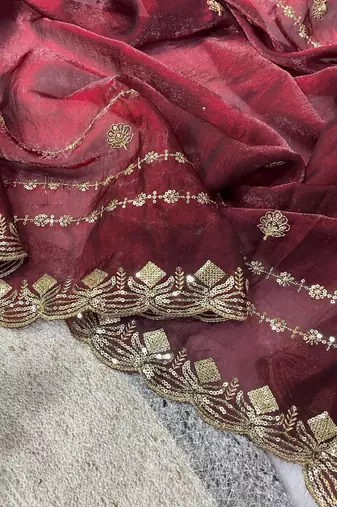wine satin silk saree with embroidered blouse