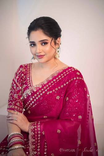 rani pink embroidered satin SIlk Blnd wedding saree