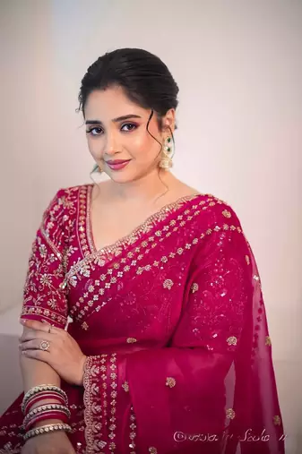 rani pink embroidered satin silk wedding saree