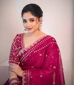 rani pink embroidered satin SIlk Blnd wedding saree