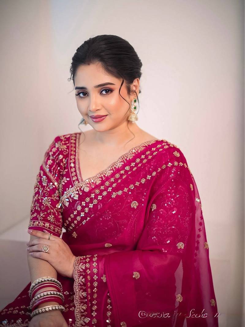 rani pink embroidered satin SIlk Blnd wedding saree