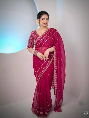 rani pink embroidered satin silk wedding saree 2